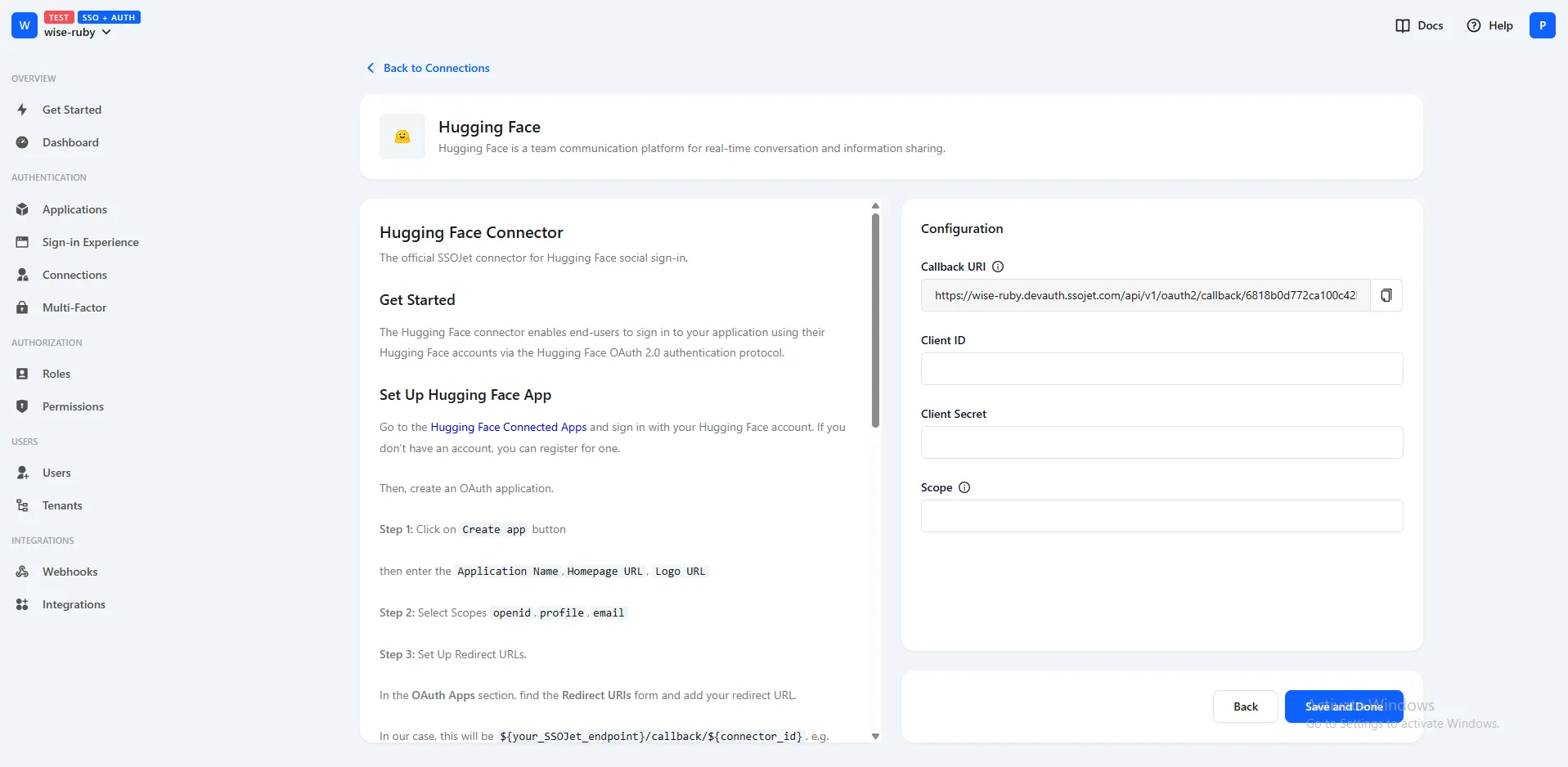 Hugging Face Configuration Page